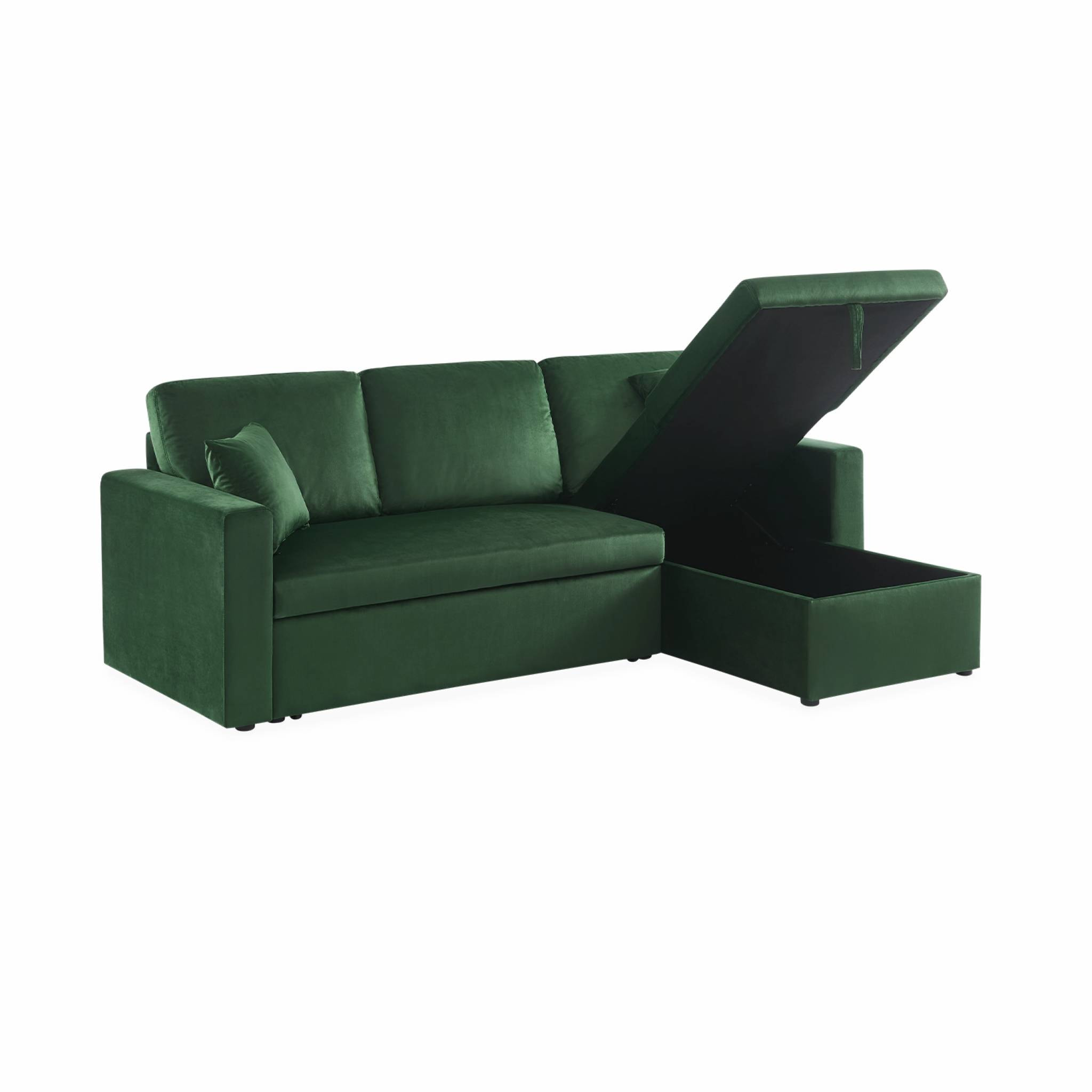 Canapé d'angle convertible en velours vert anglais 3 places. fauteuil d'angle réversible coffre rangement lit modulable