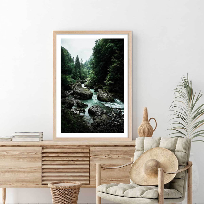 Affiche paysage riviere en montagne Affiche + cadre en bois - Chêne