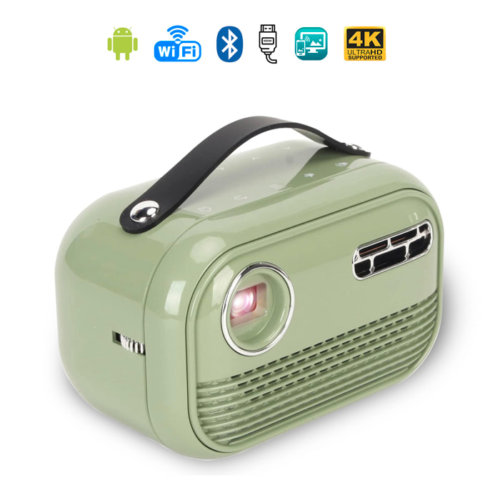 Mini videoproiettore LED portatile P16 in stile retrò, DLP. Android 9.0, Wi-Fi. Clonazione schermo. Batteria ricaricabile. Netflix, YouTube, ecc. 2+16GB.