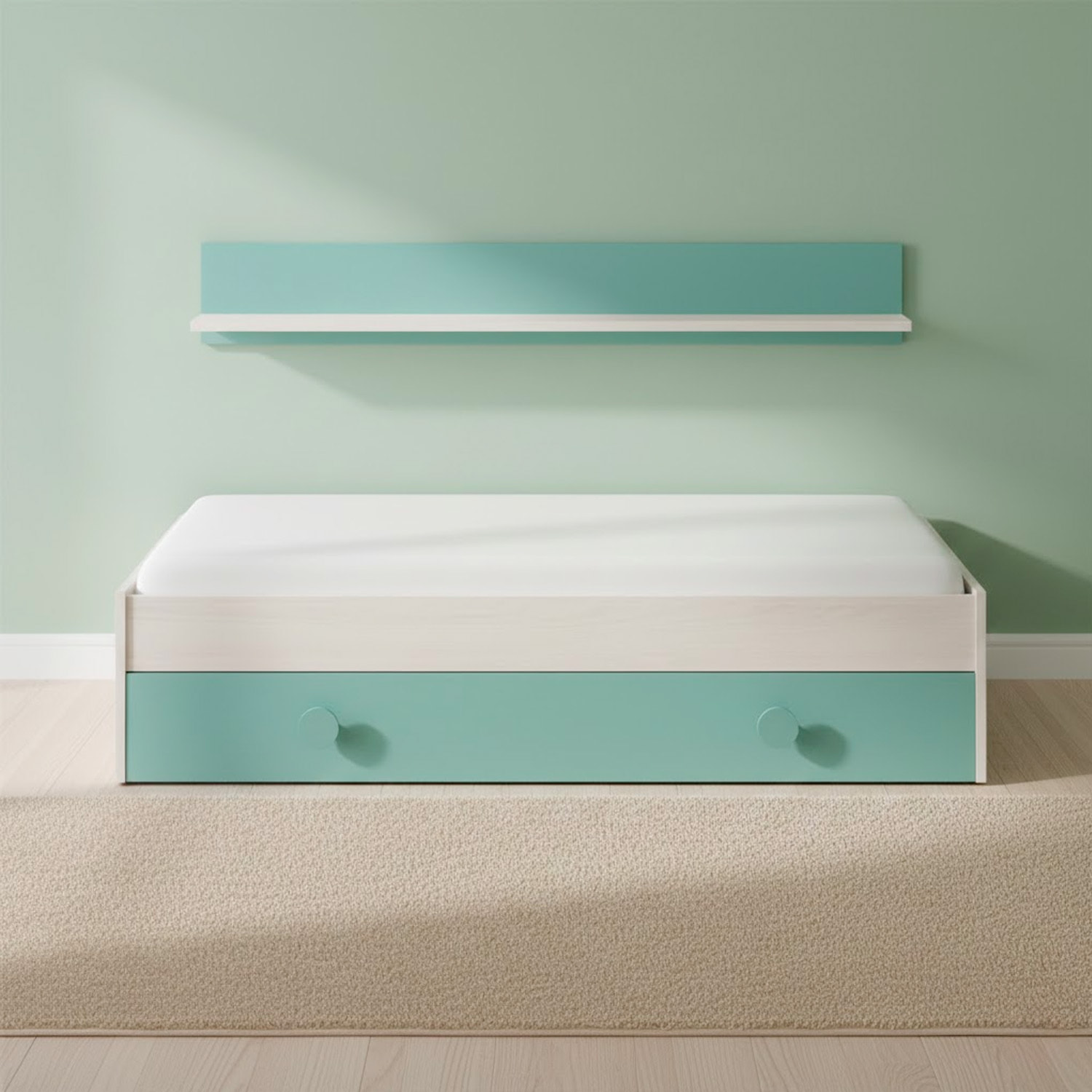 Letto Singolo A Scomparsa Per Ragazzi Con Letto Estraibile E Mensola A Muro Salvaspazio Per Cameretta Camera 201x43x98 Cm Bianco Alpi e Verde Acqua