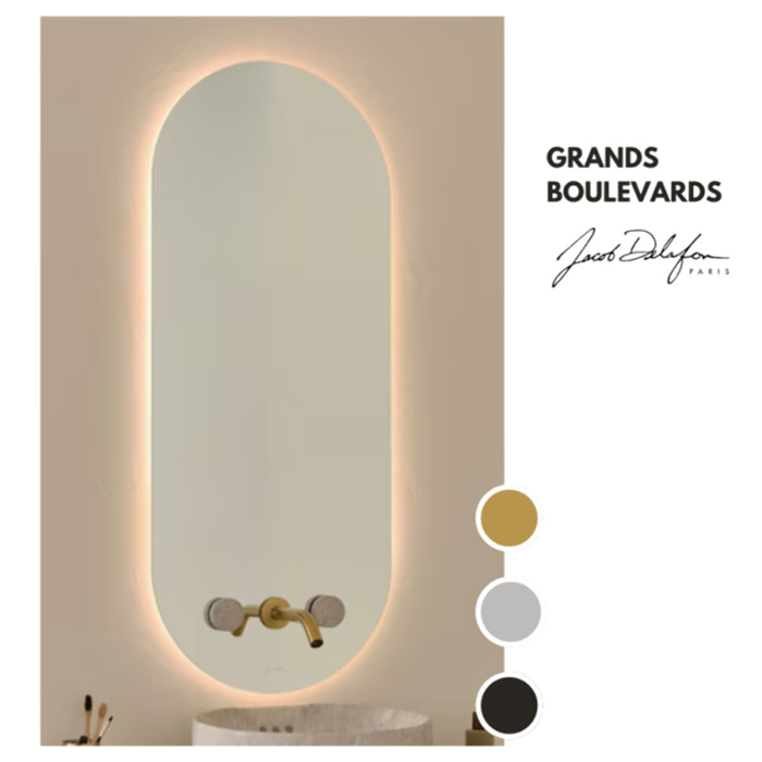 Miroir LED ovale 3 trous + mélangeur lavabo encastré 3 trous Grands Boulevards douceur minérale et laiton brossé