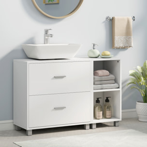 Mueble Bajo Lavabo, Mueble de Baño con 2 Cajones y 2 Estantes Abiertos, Estilo Moderno, para Lavabo con Pedestal, 90x30x60 cm, Blanco