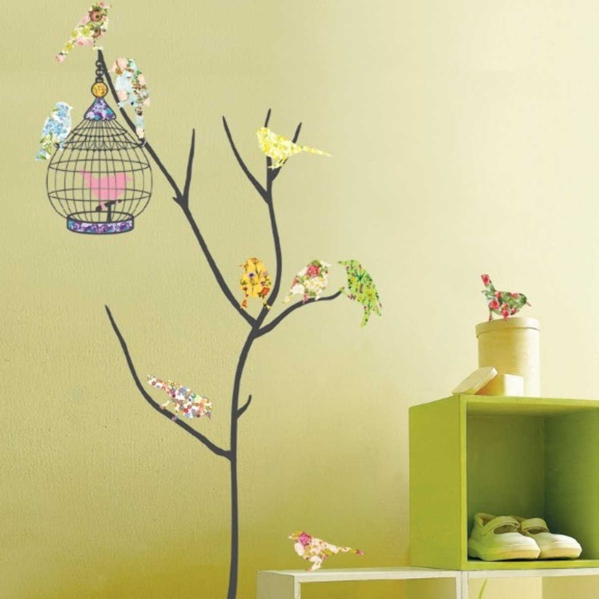 Stickers Muraux décoration adhésifs Oiseaux multicolores en cage