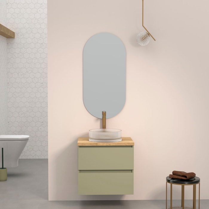 Conjunto de Baño Kub | 60 cm Verde Cactus | Dos Cajones | Lavabo de Cristal | No incluye Espejo | Mueble Montado | Alday