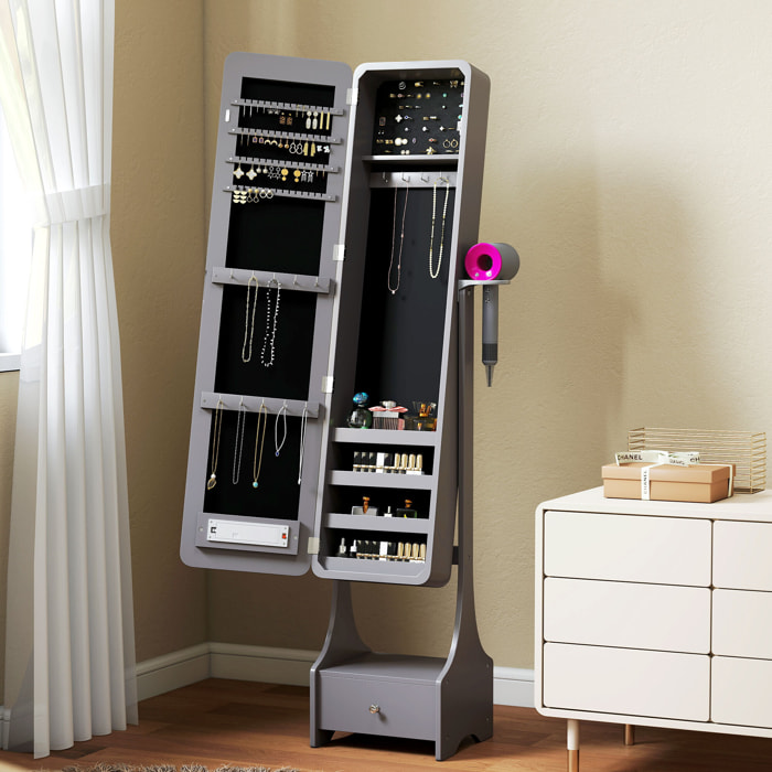 Espejo Joyero con Luces LED, Armario para Joyas, Armario Joyero con Espejo Entero de Ángulo Ajustable, Cajón, Interruptor Táctil, Luces Apagado Automático, Soporte para Secador, Gris
