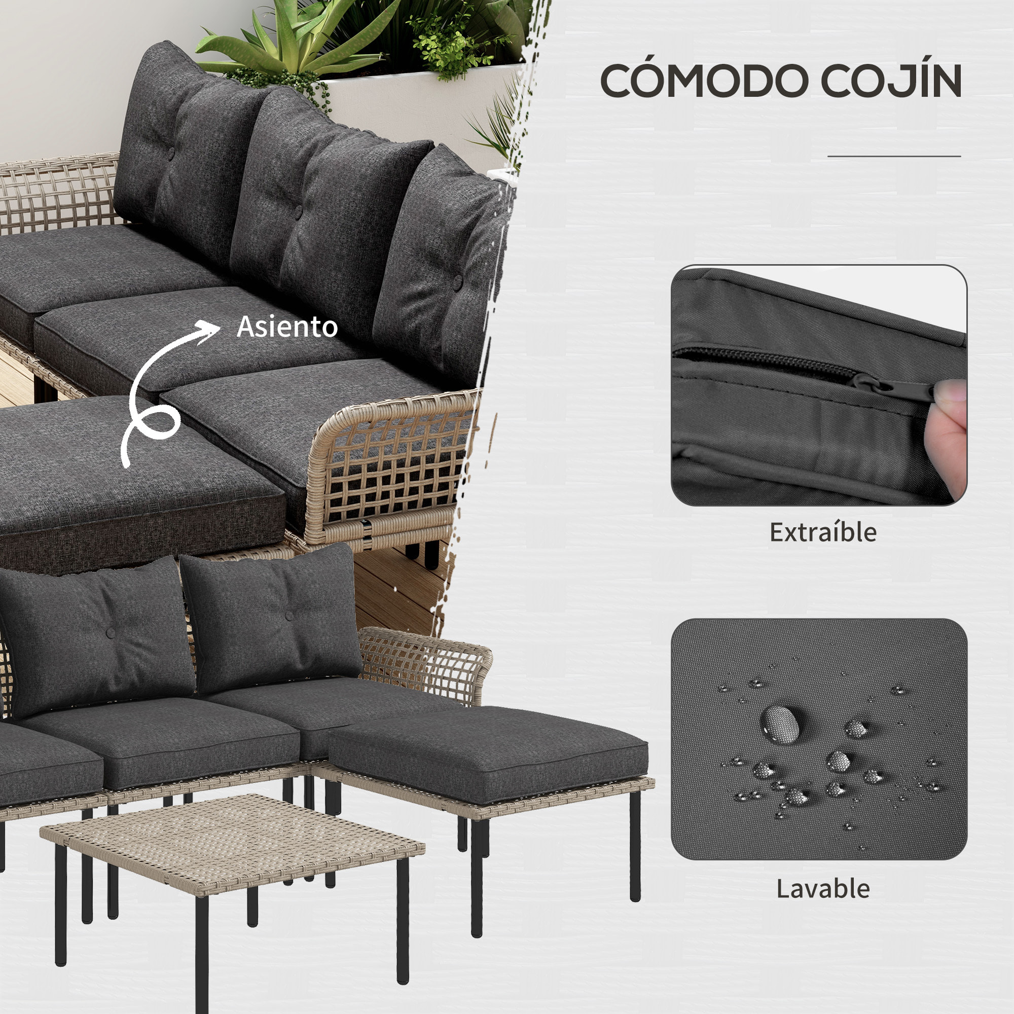 Outsunny Conjunto de Jardín de Ratán Sintético Juego de 5 Piezas Muebles de Jardín con 2 Sofás Esquineras 1 Sofá de Exterior 1 Taburete 1 Mesa de Centro y Cojines para Terraza Patio Gris