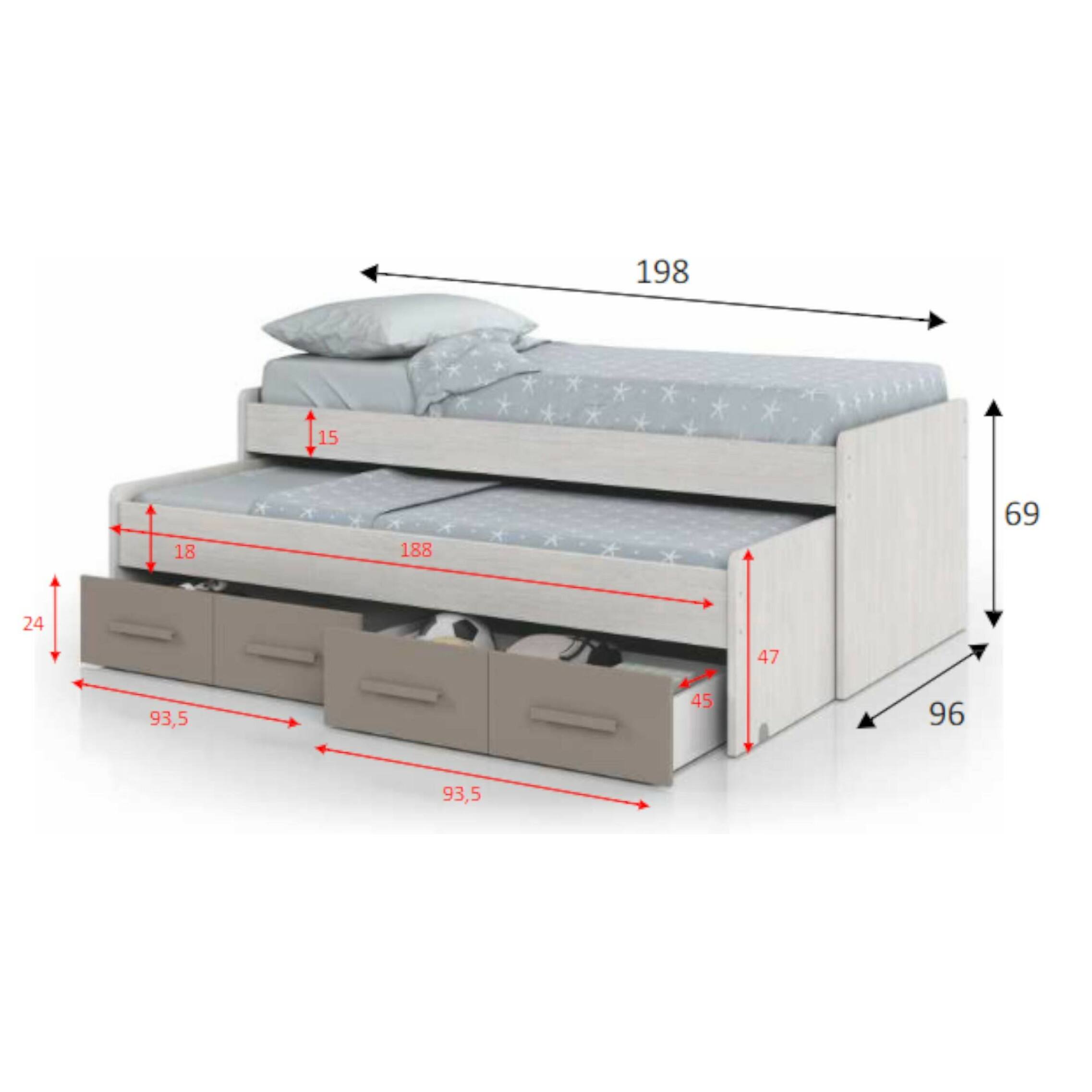 Letto singolo Spokane, Struttura letto per cameretta, Letto singolo con lettino estraibile e 4 cassettoni, cm 198x96h69, Bianco e Marrone