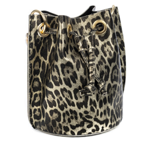 Primavera bolso de mano mujer. Piel auténtica Gamuza con estampado de animal print leopardo y lacada brillante.