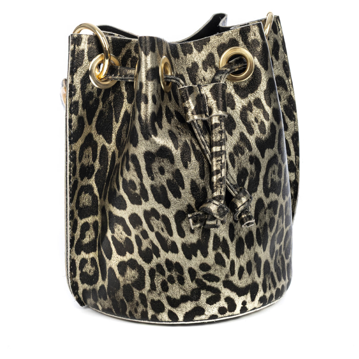 Primavera bolso de mano mujer. Piel auténtica Gamuza con estampado de animal print leopardo y lacada brillante.