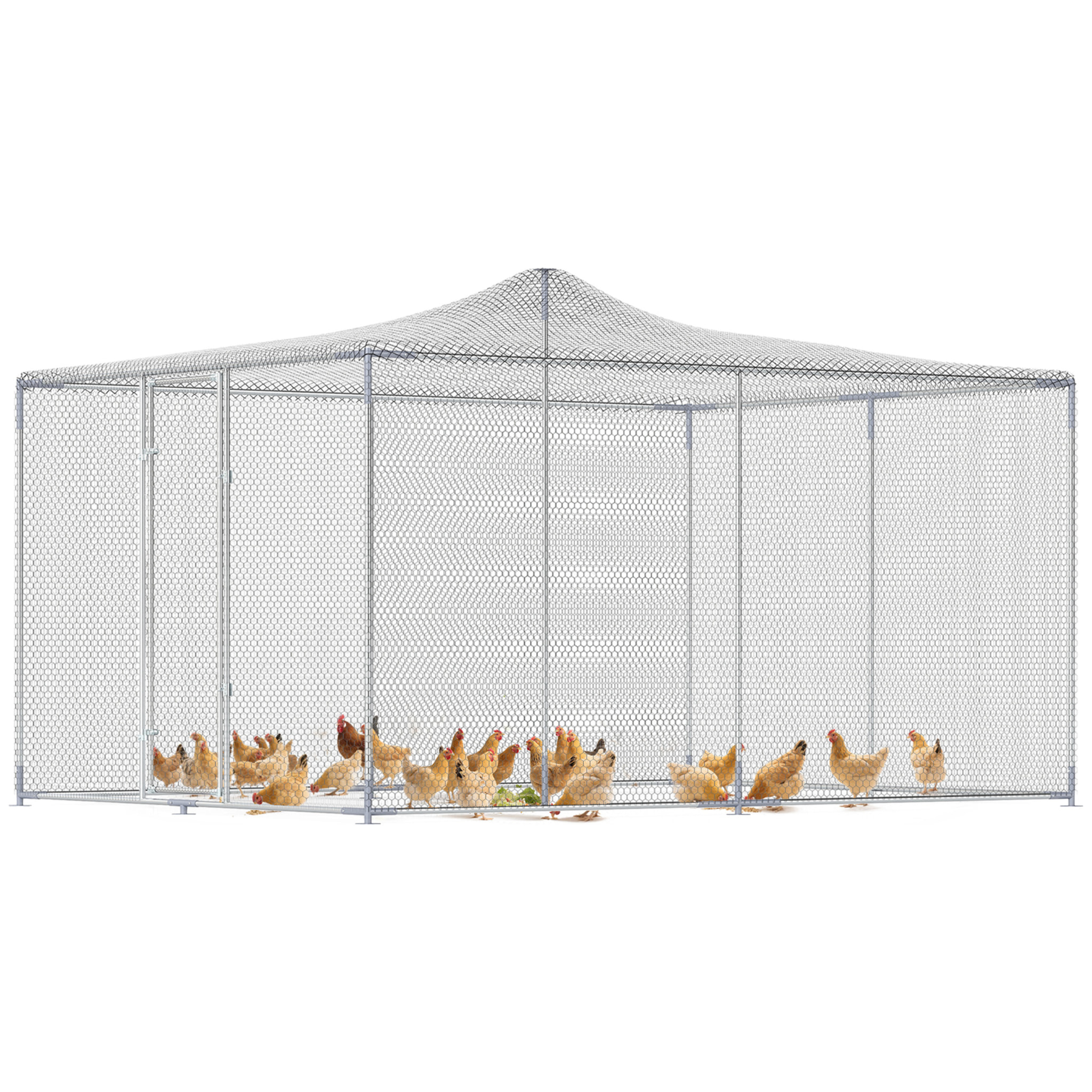 Gallinero para Exterior Grande, 4x3x1,97 m, 12 m², Gallinero de Acero Galvanizado con Puerta con Doble Cierre, Red Superior de PE, Impermeable, Diseño Walk-In, Jaula para Conejos y Patos, Plata