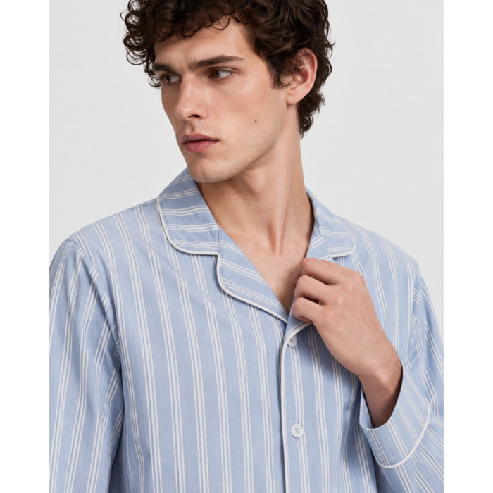 Pigiama lungo a camicia in cotone a righe Marsella celeste