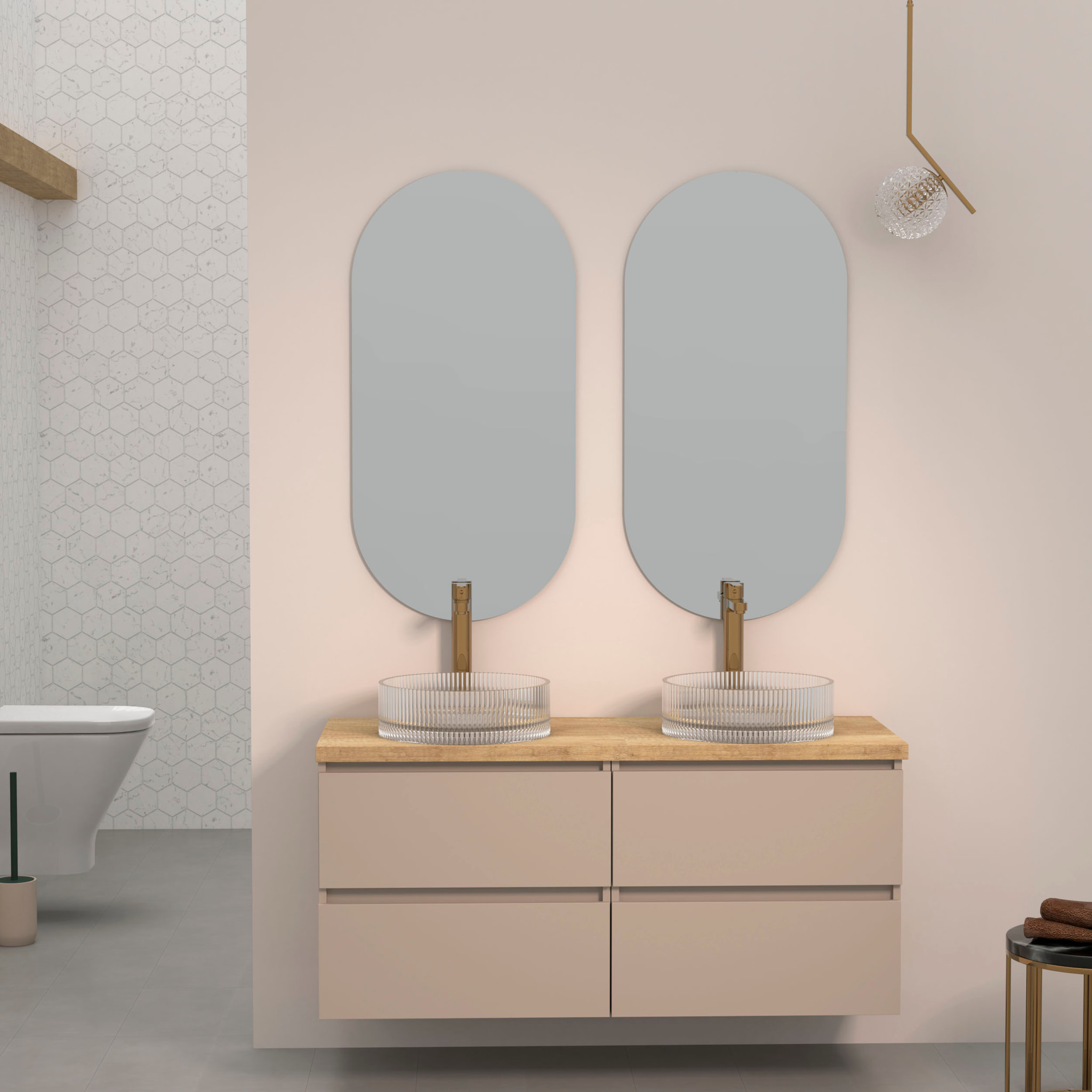Conjunto de Baño Kub | 140 cm Visón | Cuatro Cajones | Lavabos de Cristal | No incluye Espejo | Mueble Montado | Alday