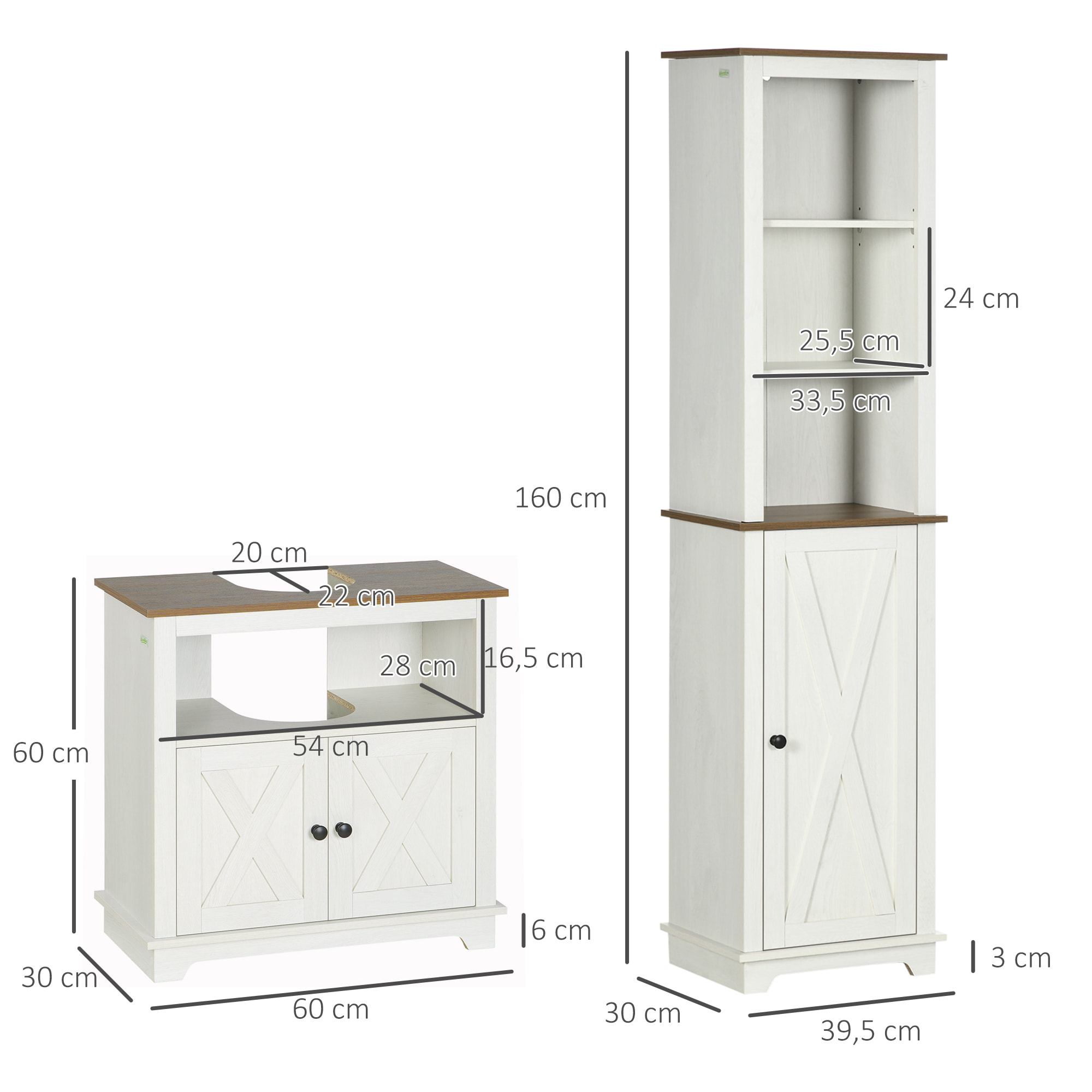 Conjunto de Baño Juego de Columna de Baño con Estante Ajustable y Mueble para Debajo del Lavabo con 2 Puertas Antivuelco 39,5x30x160 cm 60x30x60 cm Blanco