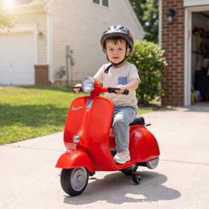 Moto Eléctrica para Niños Licencia VESPA 6V, Moto Eléctrica Infantil con Arranque Suave, Ruedines Desmontables, Luz Delantera, Música, Bocina, USB, Avance, Atrás, para Niños de +3 Años, Rojo