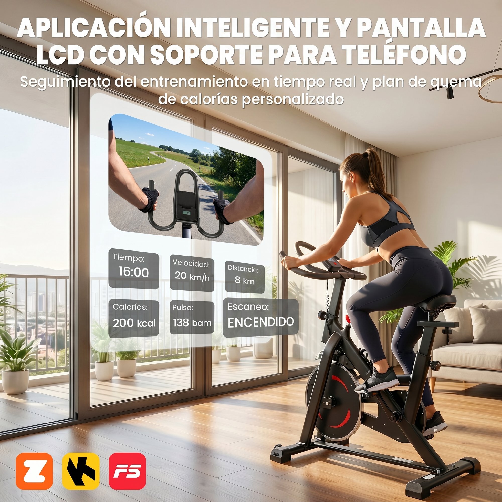 Bicicleta Estática en Casa con Resistencia Magnética, APP Bluetooth, Bici Estática Silenciosa con Pantalla LCD, Volante, Asiento y Manillar Ajustables, Ruedas, Soporte Teléfono, Portabotellas