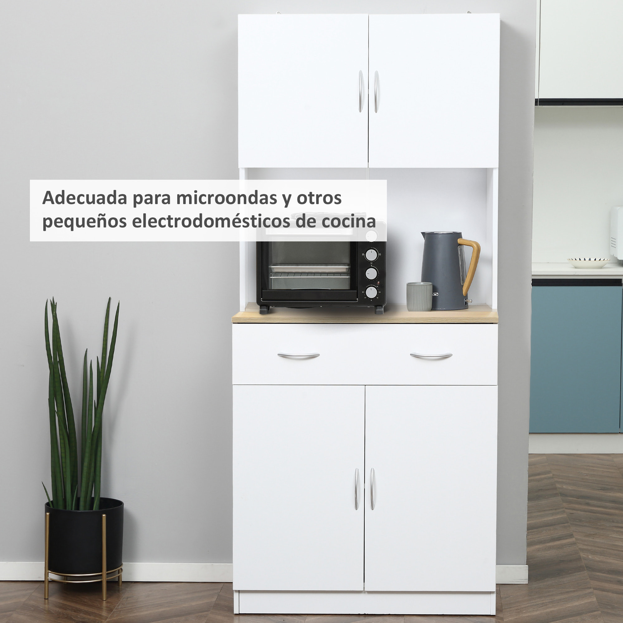 Armario Alacena de Cocina con Cajón 4 Puertas y Estantes Interiores Ajustables Mueble Auxiliar de Almacenaje Moderno para Comedor Salón 80x40x180 cm Blanco