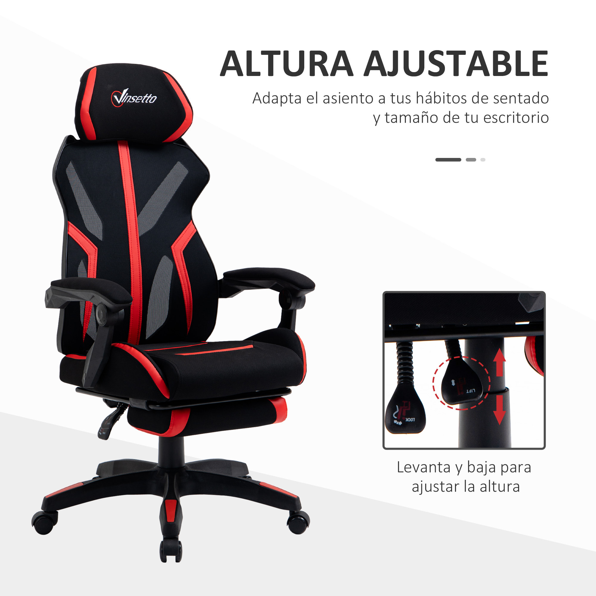 Vinsetto Silla Gaming con Reposapiés Retráctil Silla de Oficina Giratoria Reclinable con Reposacabezas y Altura Ajustable 65x65x119-129 cm Negro y Rojo