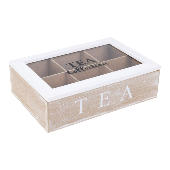 Well home caja de té de 6 compartimentos con tapa de vidrio en mdf blanco