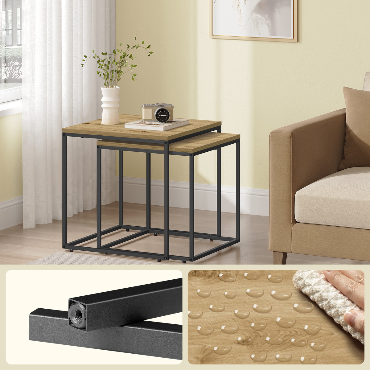 Set di 2 tavolini da salotto Nesting rovere e metallo nero