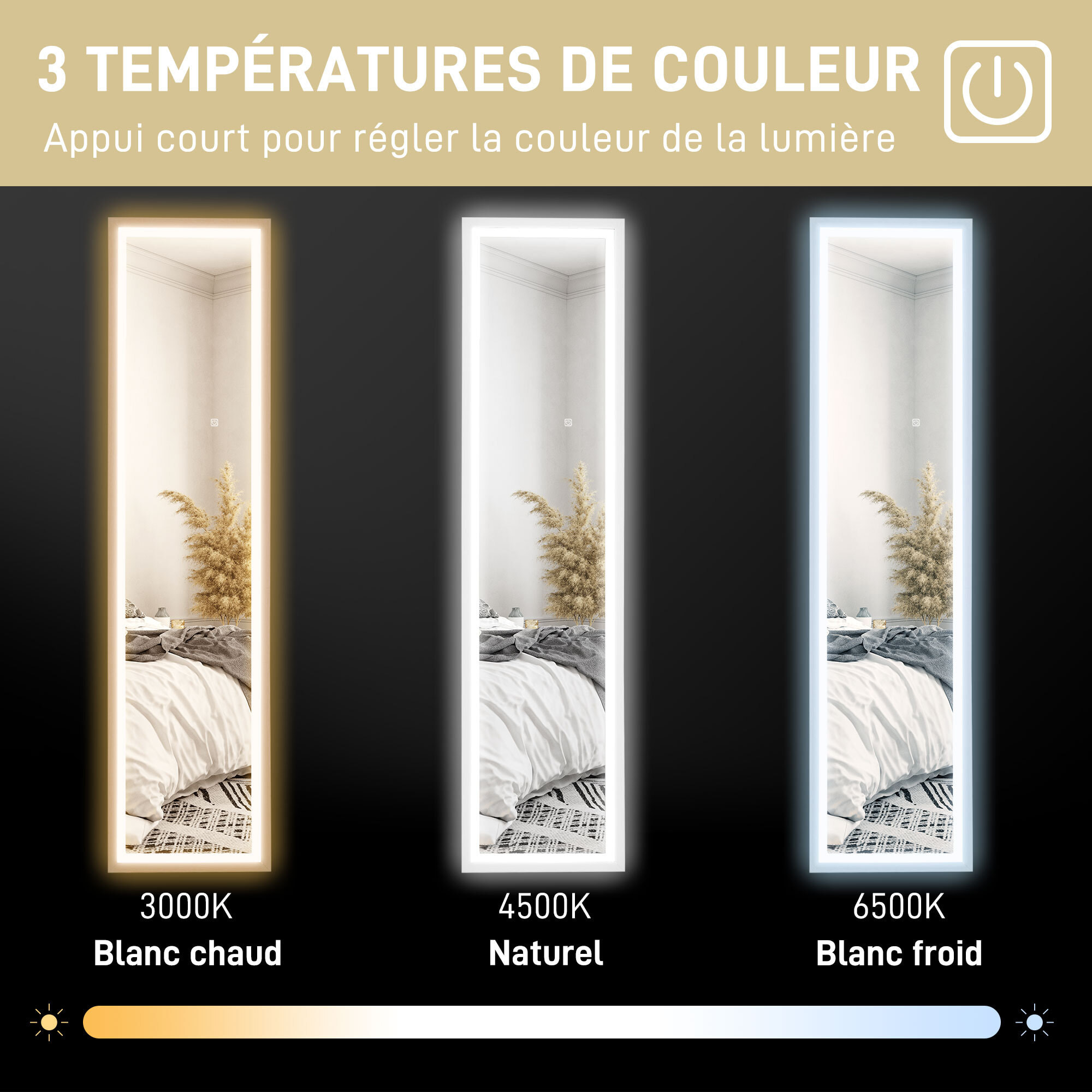Grand miroir LED pleine longueur 40 x 160 cm autoportant ou à fixer - 3 couleurs luminosité réglable - effet bois blanc