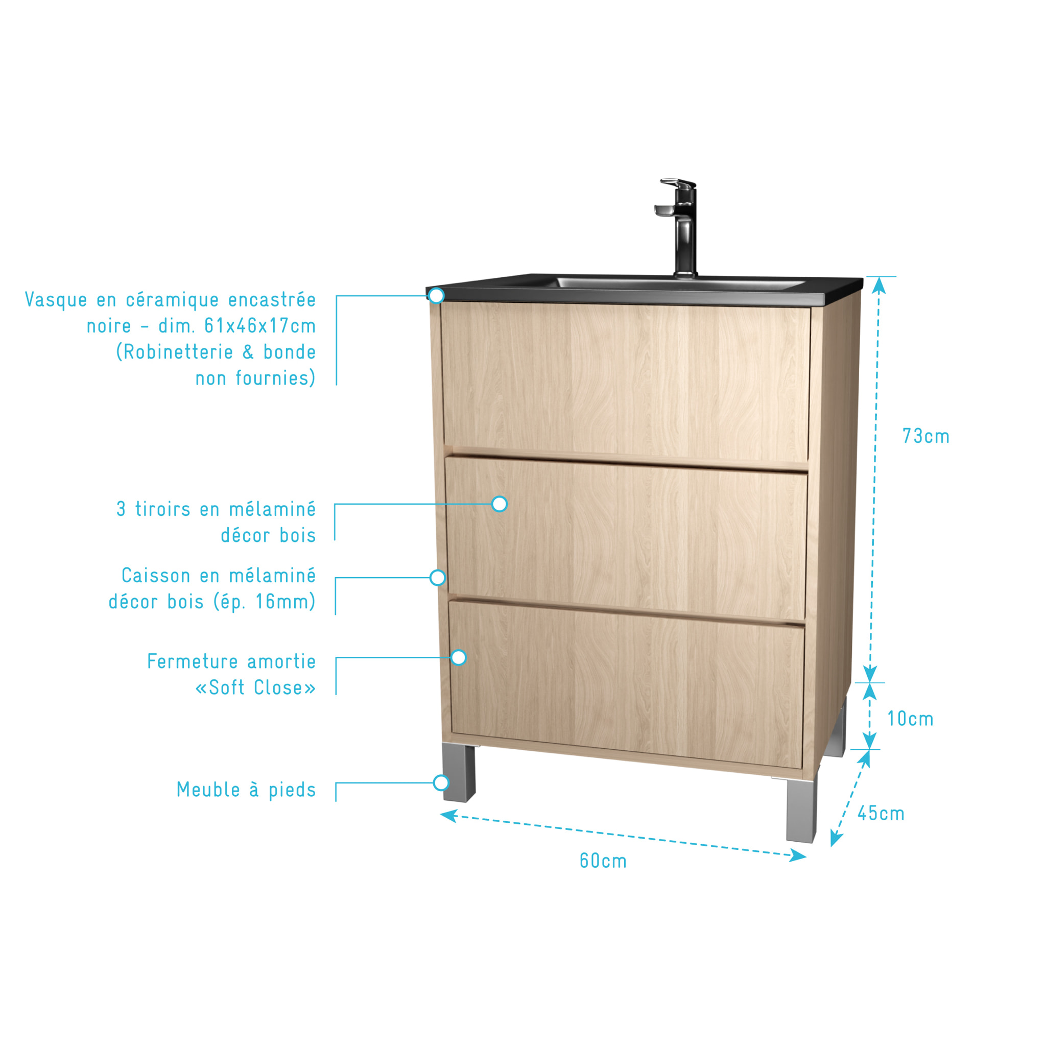 Pack Meuble Salle de Bains 60cm Chêne Clair 3 tiroirs avec Vasque Céramique Noire - XENOS