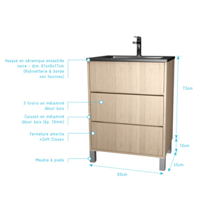 Pack Meuble Salle de Bains 60cm Chêne Clair 3 tiroirs avec Vasque Céramique Noire - XENOS