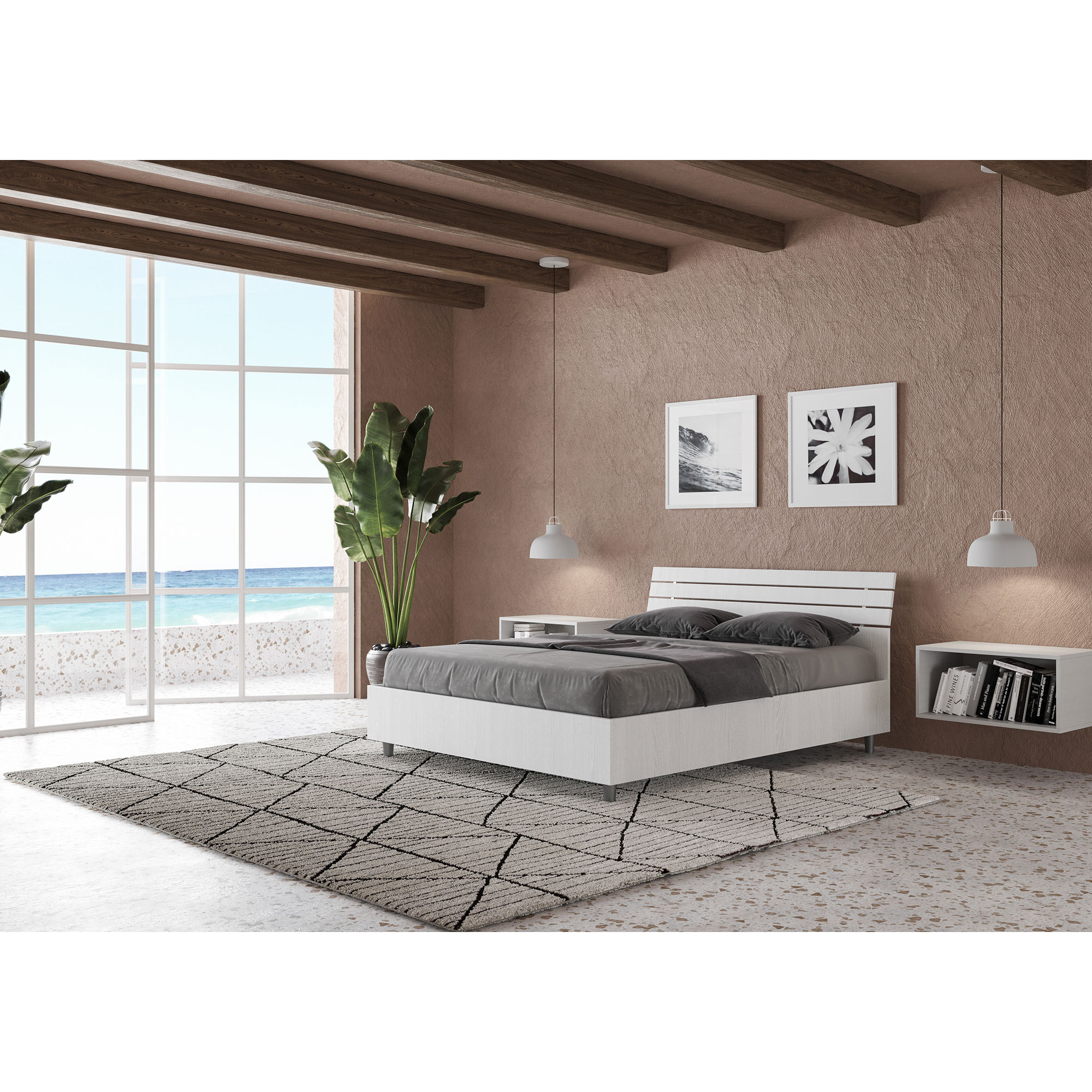 Lit double sans sommier 140x200 tête de lit inclinée avec des lames frêne blanc Ankel