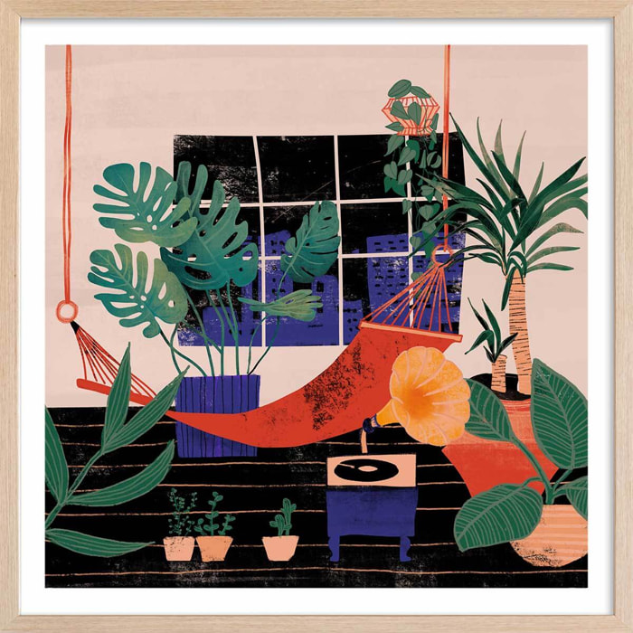 Affiche illustration chill tropical Affiche + cadre en bois - Chêne