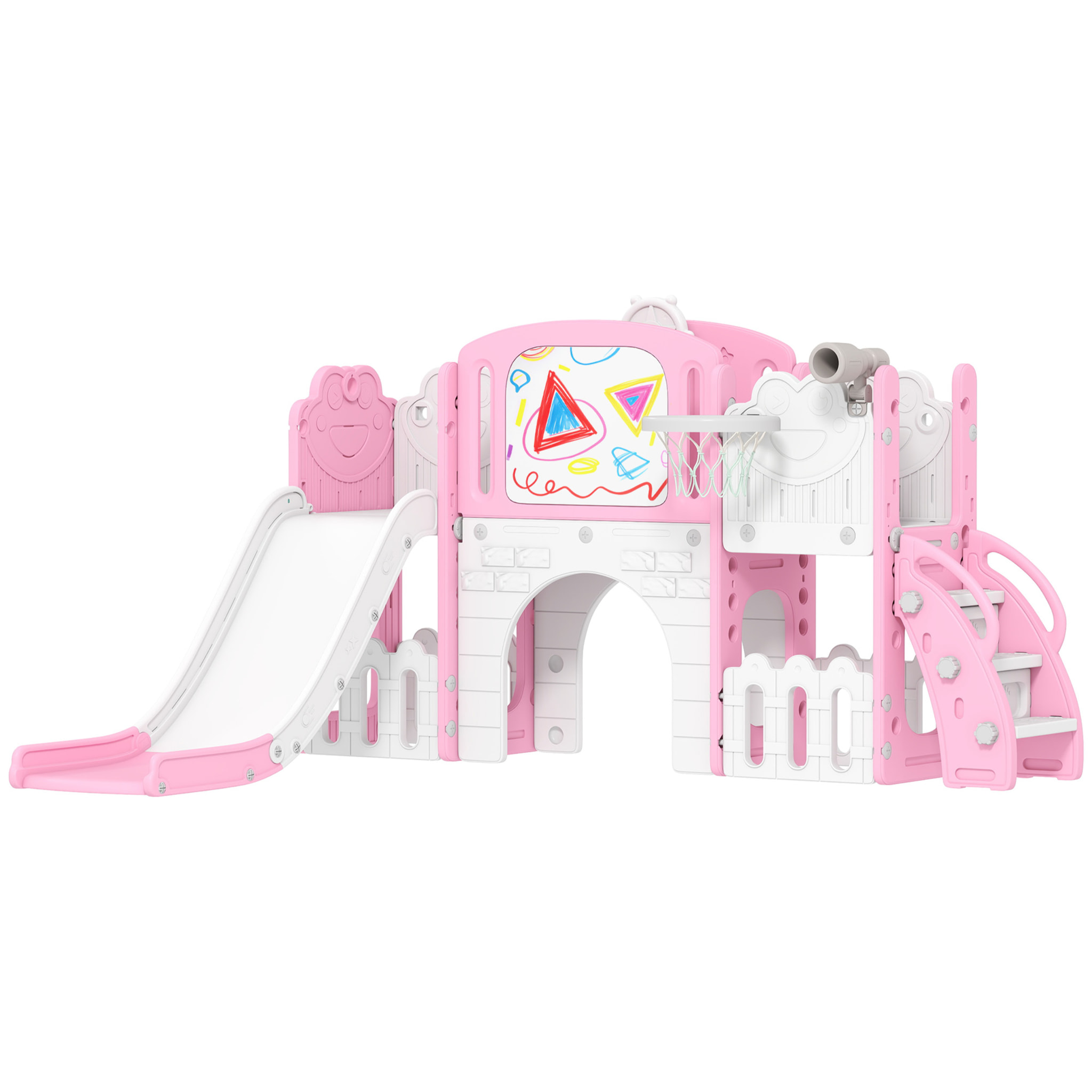 Tobogán Infantil 7 en 1, Tobogán para Niños de 1-3 Años, Temática de Rana, con Aro de Baloncesto, Túnel, Pizarra, Telescopio de Juguete, Escalador y Cajas, para Interior y Exterior, Rosa