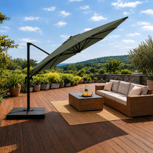 Parasol rectangulaire 3x4 déporté rotatif vert en aluminium GHAZIE