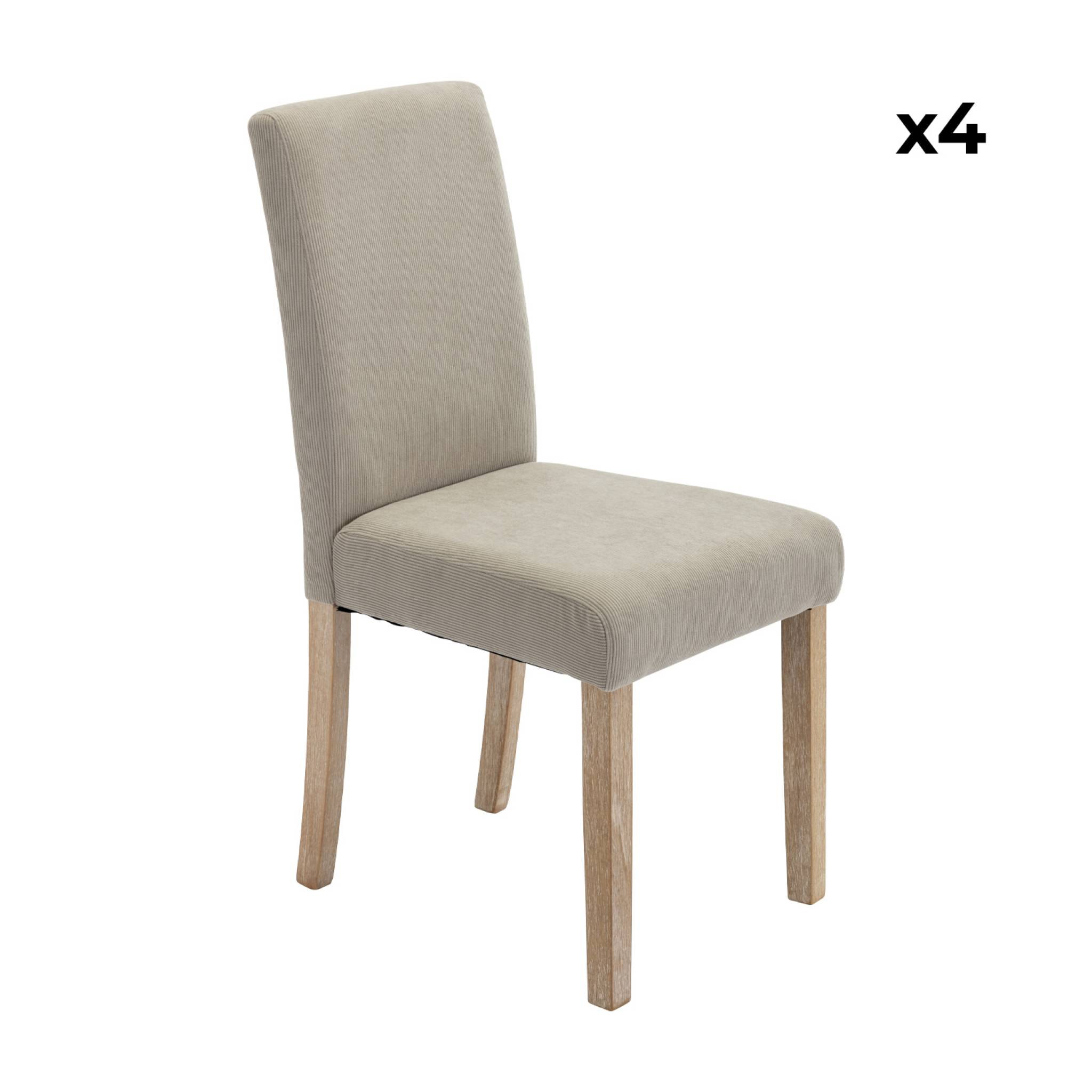 Lot de 4 chaises RITA velours côtelé pieds en bois d'hévéa cérusé