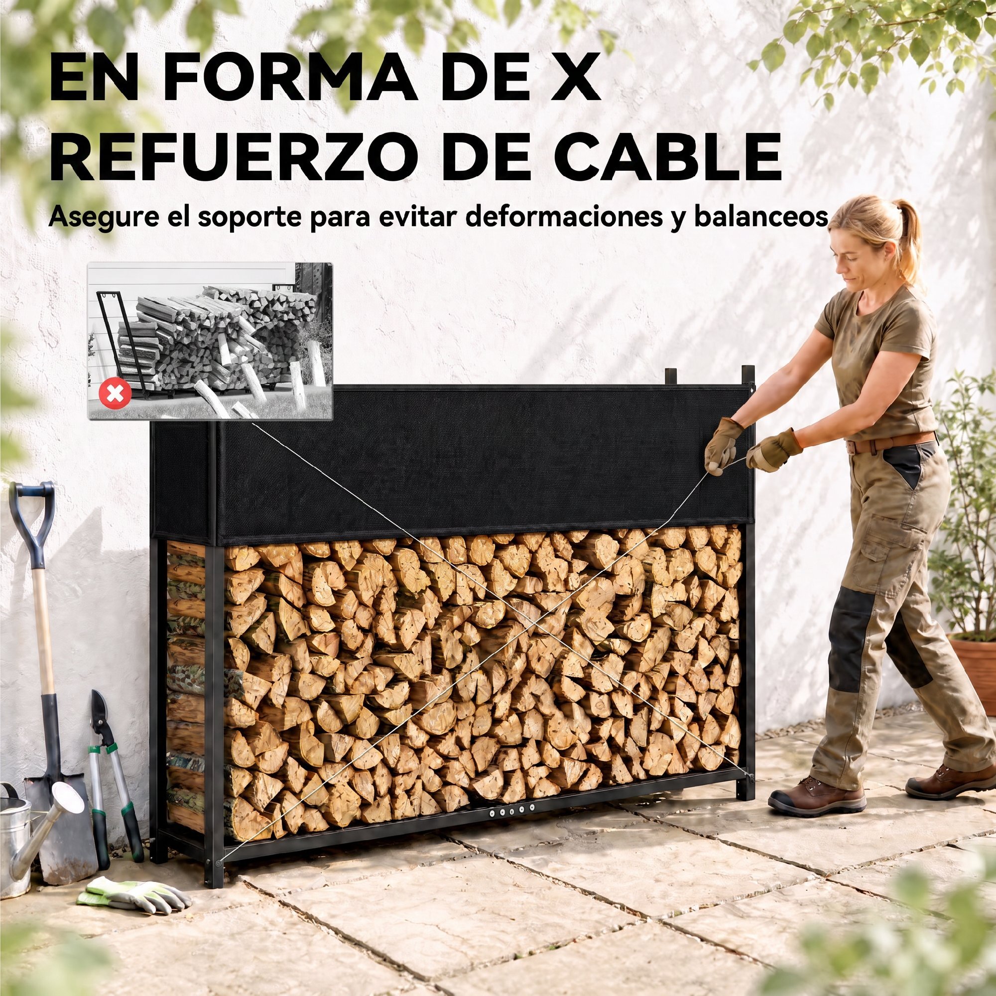 Outsunny Estante de Leña con Funda Oxford 600D y Cables, Leñero Exterior de Acero Galvanizado Robusto, Carga 500 kg, para Interior y Exterior, Jardín, Terraza, 202x25x113 cm, Negro