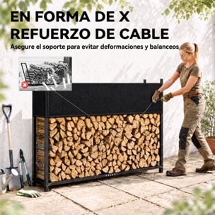 Outsunny Estante de Leña con Funda Oxford 600D y Cables, Leñero Exterior de Acero Galvanizado Robusto, Carga 500 kg, para Interior y Exterior, Jardín, Terraza, 202x25x113 cm, Negro