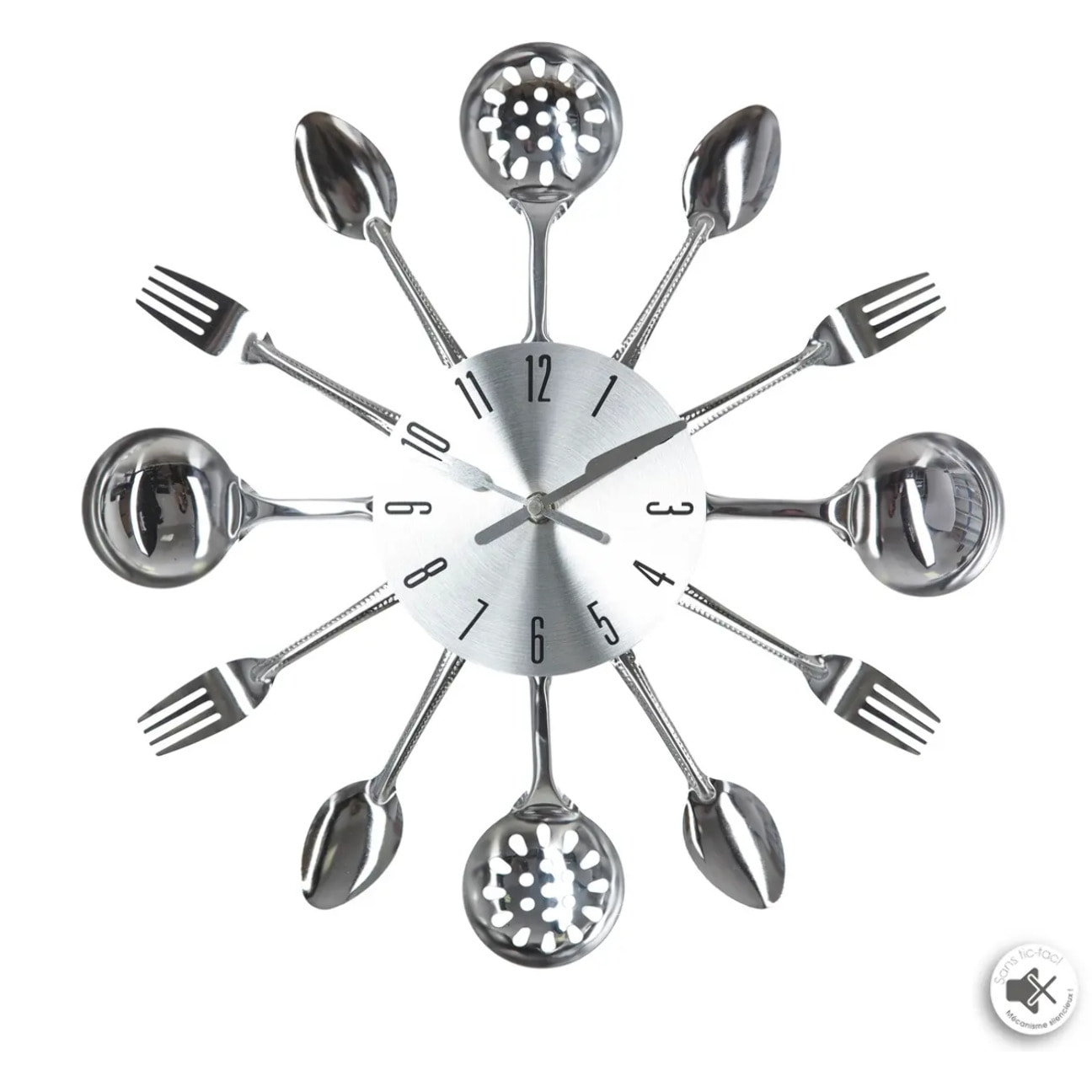 Horloge "Ustensiles" en métal argent D38cm