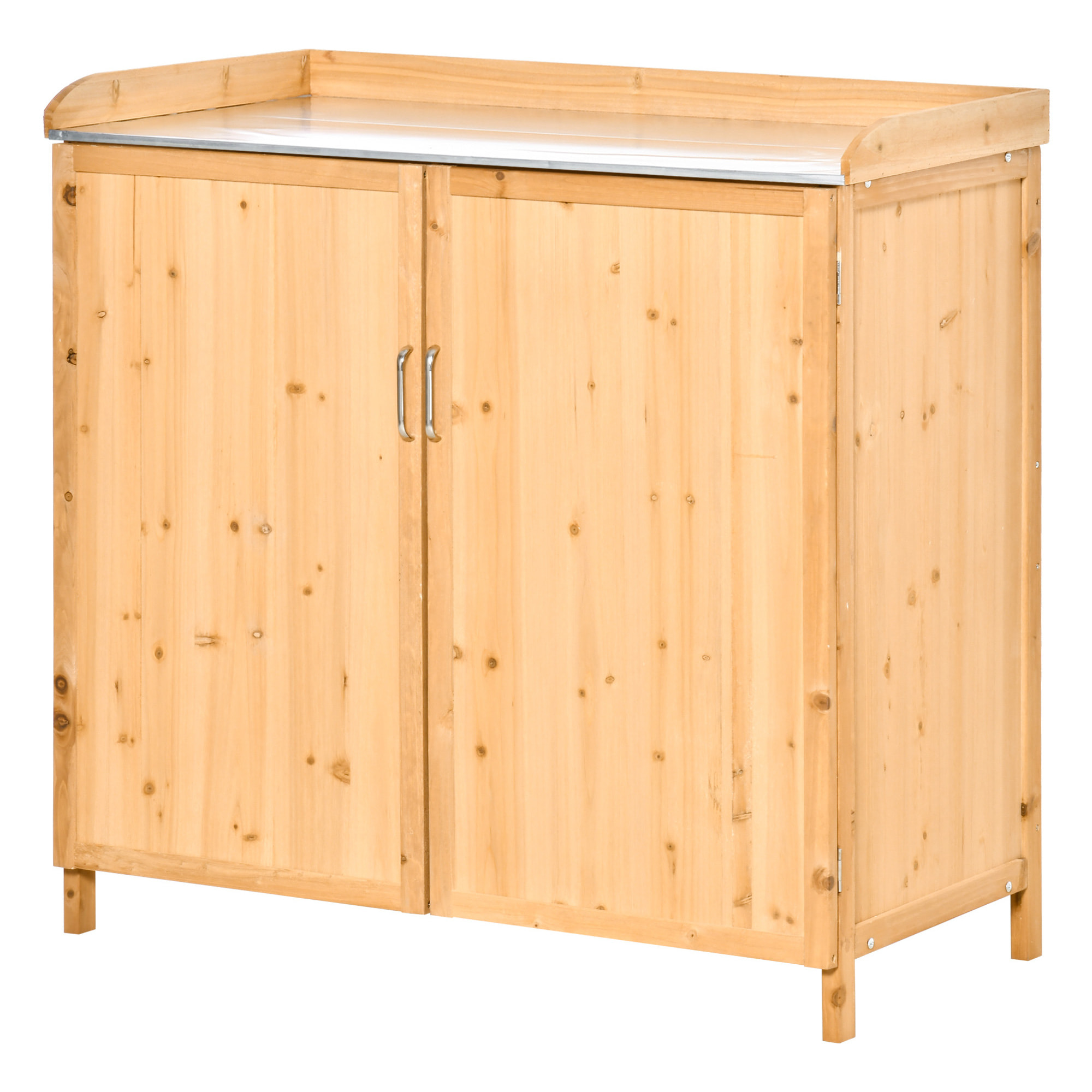 Armoire de jardin sur pied table de rempotage 2 en 1 - double porte, étagère, plateau tôle acier galvanisé - bois de cèdre pré-huilé