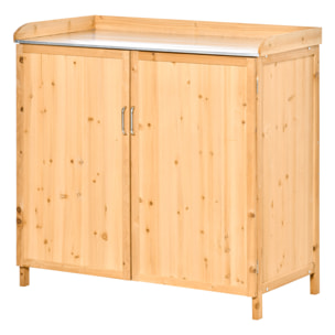 Armoire de jardin sur pied table de rempotage 2 en 1 - double porte, étagère, plateau tôle acier galvanisé - bois de cèdre pré-huilé