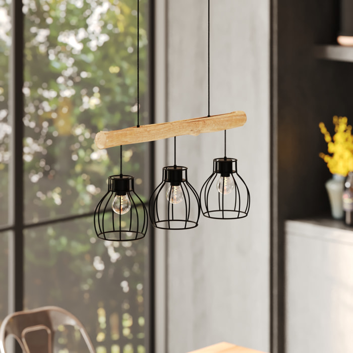 Suspension 3 lampes en bois d'eucalyptus et métal noir - Abby