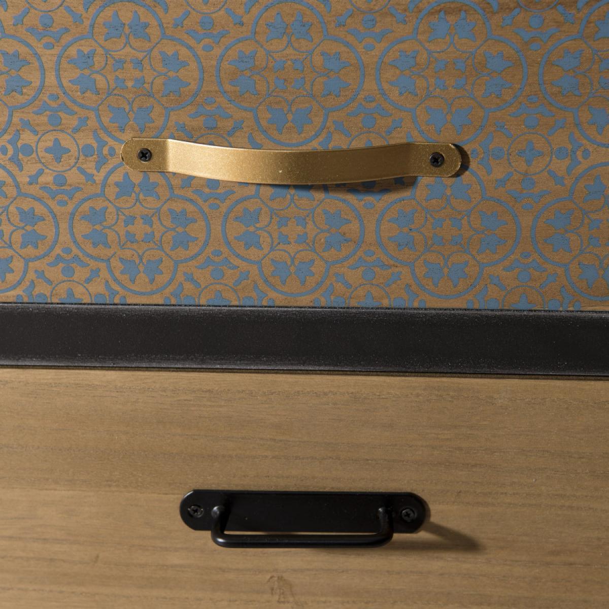 ROMAIN - Chevet noir 2 tiroirs marrons motifs Pin