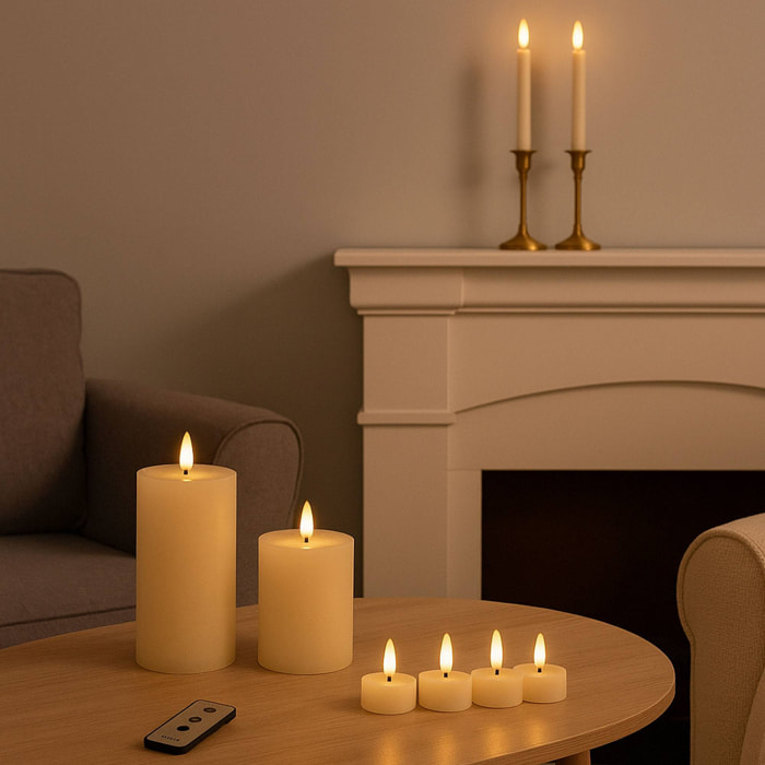 Set de 9 velas led - velas de pilar, velas de cena y candelitas con superficies rústicas y lisas con control remoto