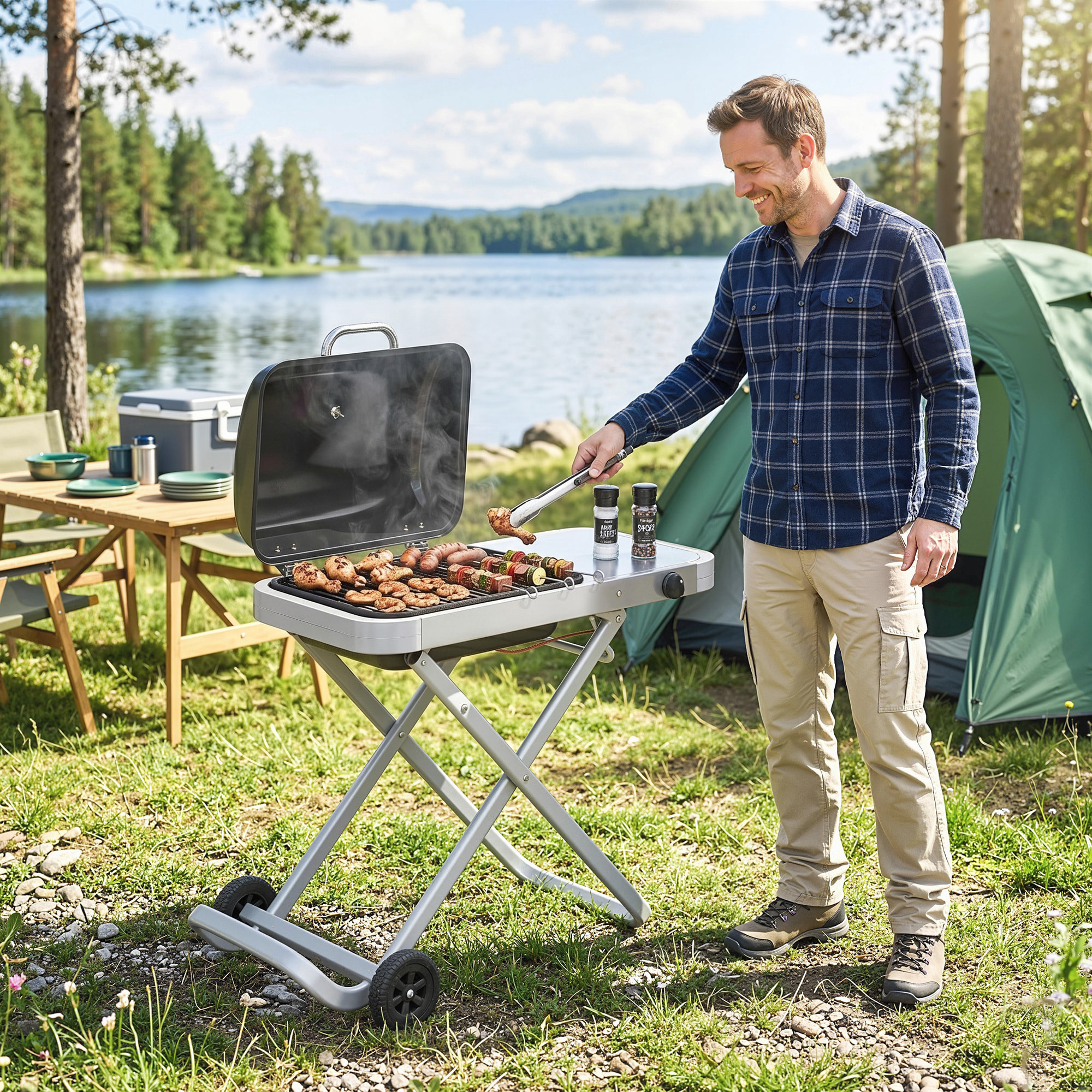 Outsunny Barbacoa de Gas Plegable, BBQ Gas con Quemador 2,5 kW, Barbacoa Portátil con Termómetro, Mesa Lateral, Parrilla de Hierro Fundido, Recogedor Grasa y 2 Ruedas para Jardín, Camping, Negro