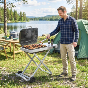 Outsunny Barbacoa de Gas Plegable, BBQ Gas con Quemador 2,5 kW, Barbacoa Portátil con Termómetro, Mesa Lateral, Parrilla de Hierro Fundido, Recogedor Grasa y 2 Ruedas para Jardín, Camping, Negro