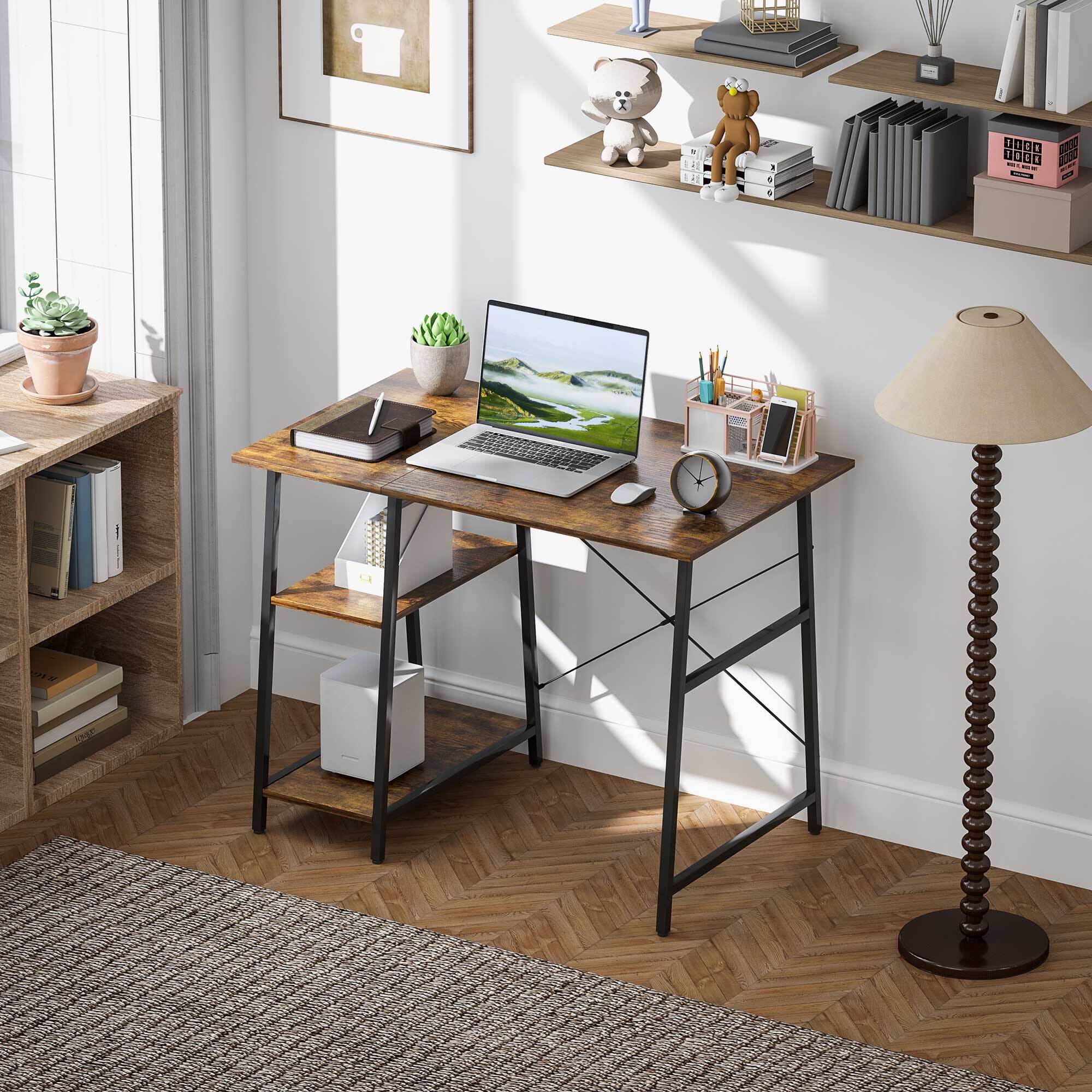 Bureau style industriel 2 étagères dim. 120 x 60 cm châssis métal noir effet bois vieilli