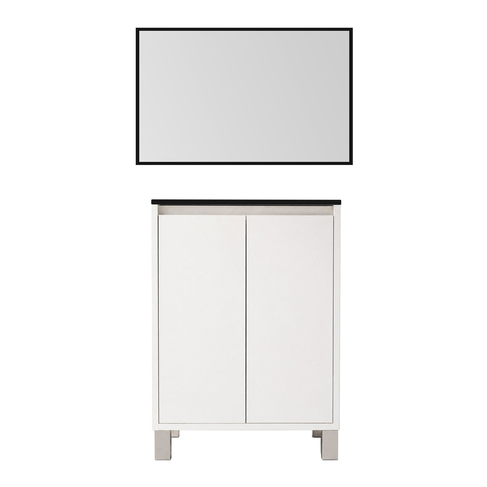 Meuble de Salle de Bains 50cm 2 portes Blanc, Vasque Noire et Miroir Cadre Noir 50x70 - XENOS