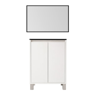 Meuble de Salle de Bains 50cm 2 portes Blanc, Vasque Noire et Miroir Cadre Noir 50x70 - XENOS