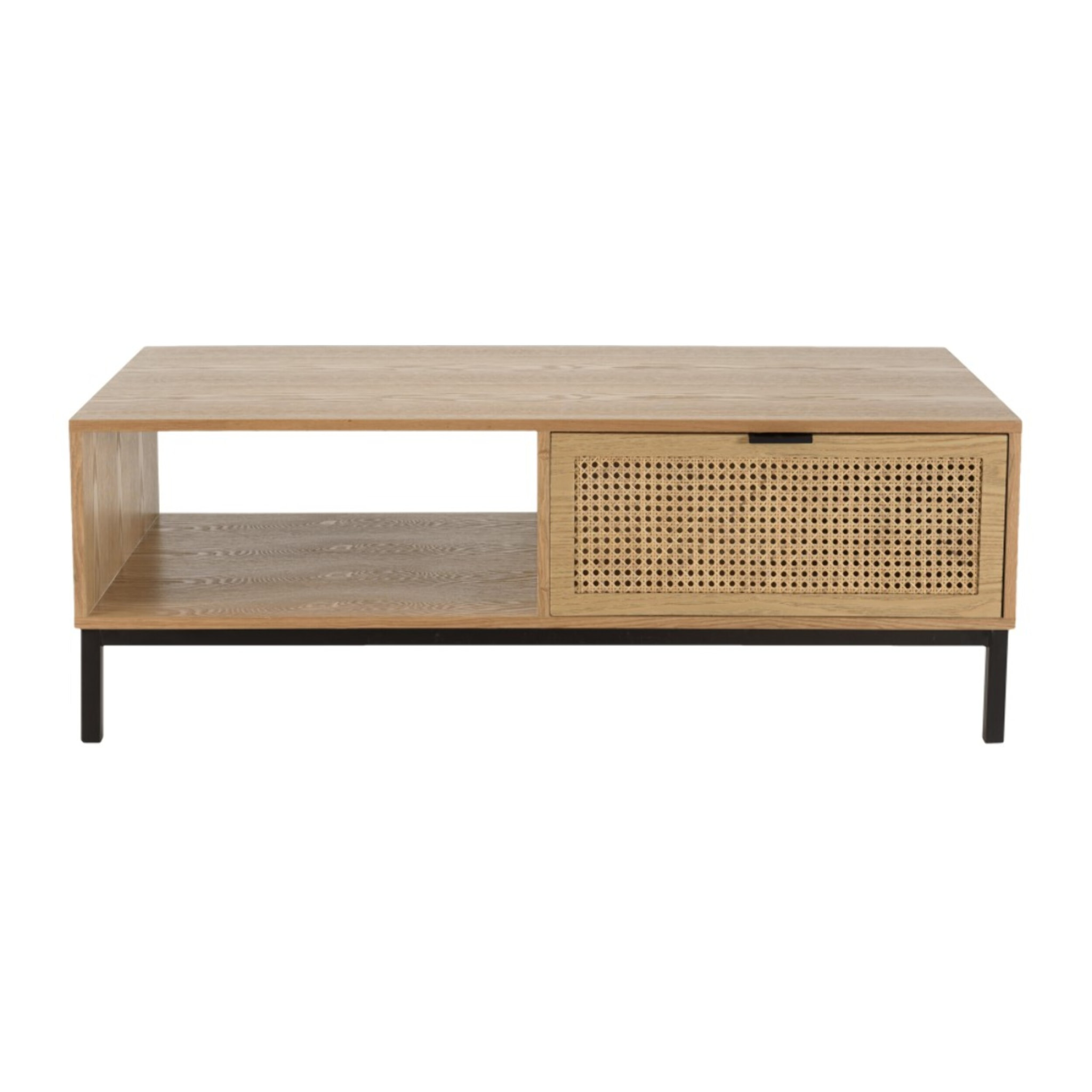 MARCEAU - Table basse 1 niche 2 tiroirs cannage naturel pieds métal noir
