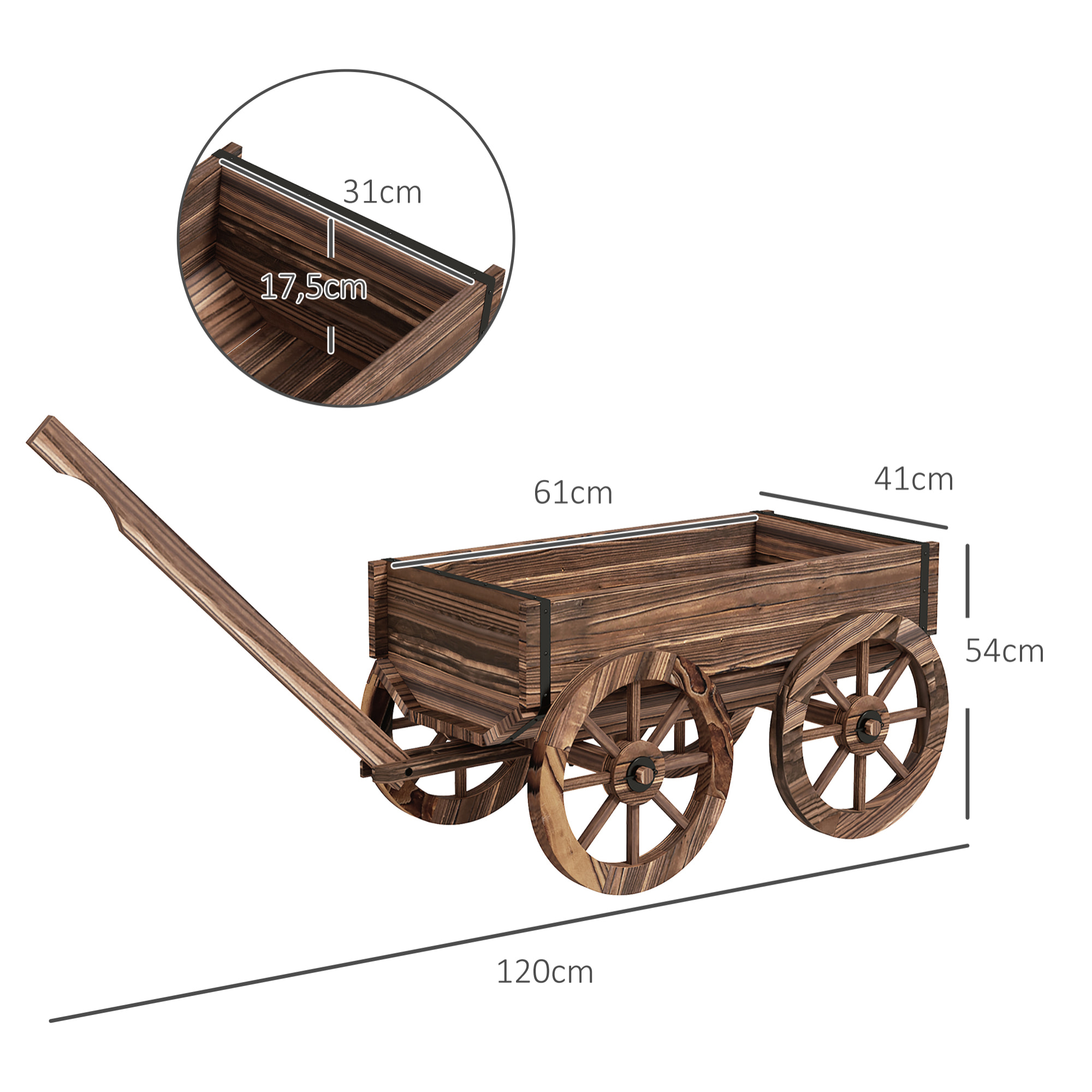 Jardinera de Madera Macetero Exterior en Forma de Carrito con 4 Ruedas y Mango para Balcón Jardín Patio 120x41x54 cm Carbonizado