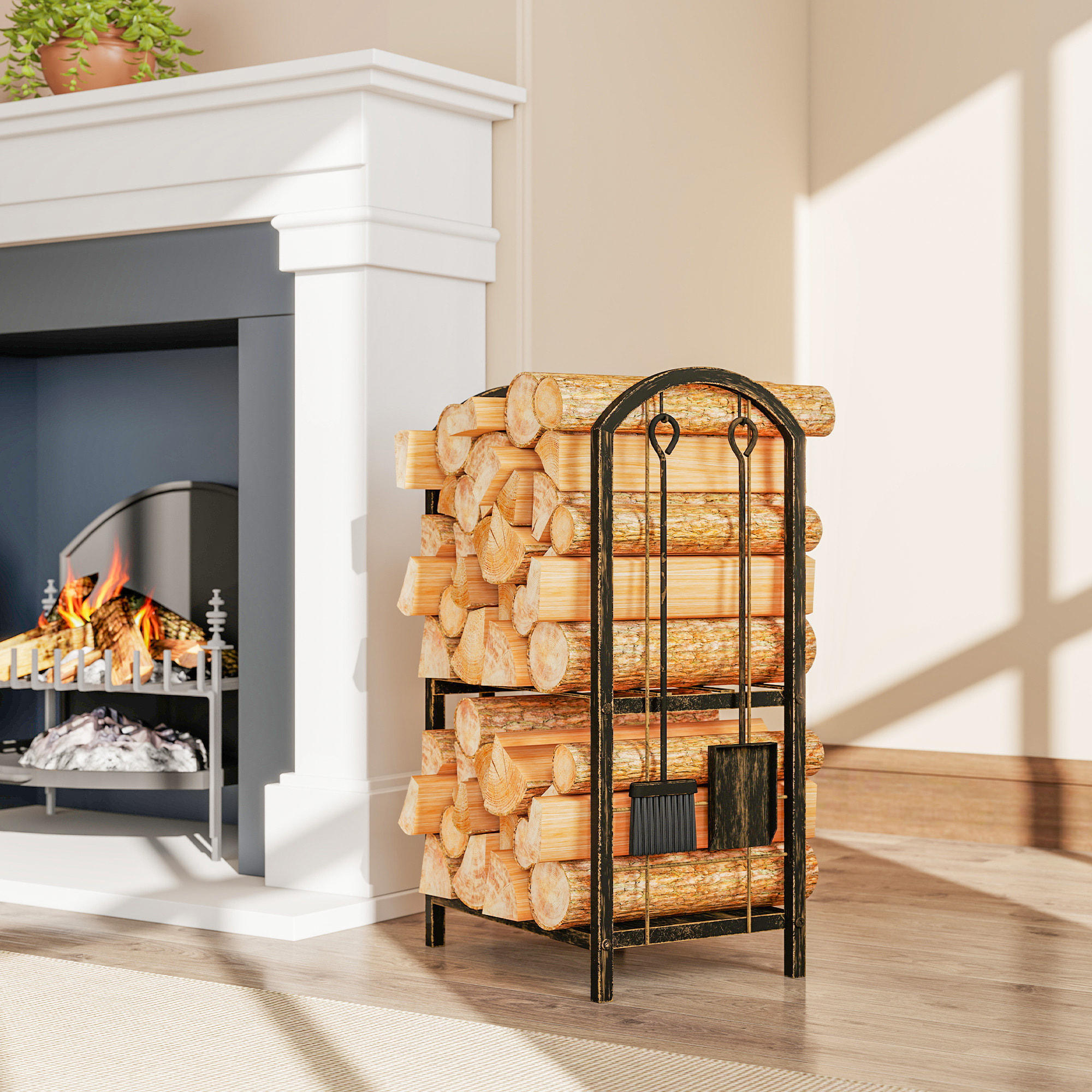 Outsunny Estante de Leña de Metal, Leñero Exterior de 2 Niveles con 4 Herramientas para Chimenea y Ganchos, Soporte para Leña de Chimenea para Interior y Exterior, Carga 100 kg, 43x30x74 cm, Marrón