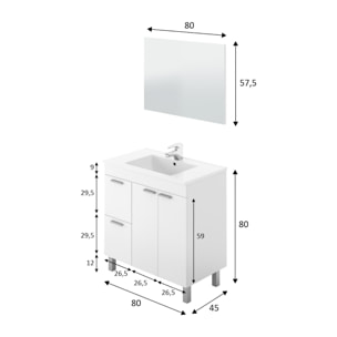 Mobile sottolavabo Lakewood, Mobiletto per bagno, Armadio a 2 ante e due cassetti con specchio, lavabo non incluso, cm 80x45h80, Bianco lucido