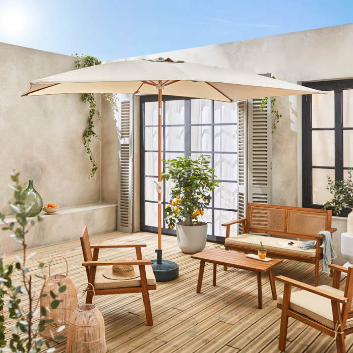 Parasol droit sable rectangulaire 2x3m. mât central imitation bois en aluminium orientable et manivelle d'ouverture