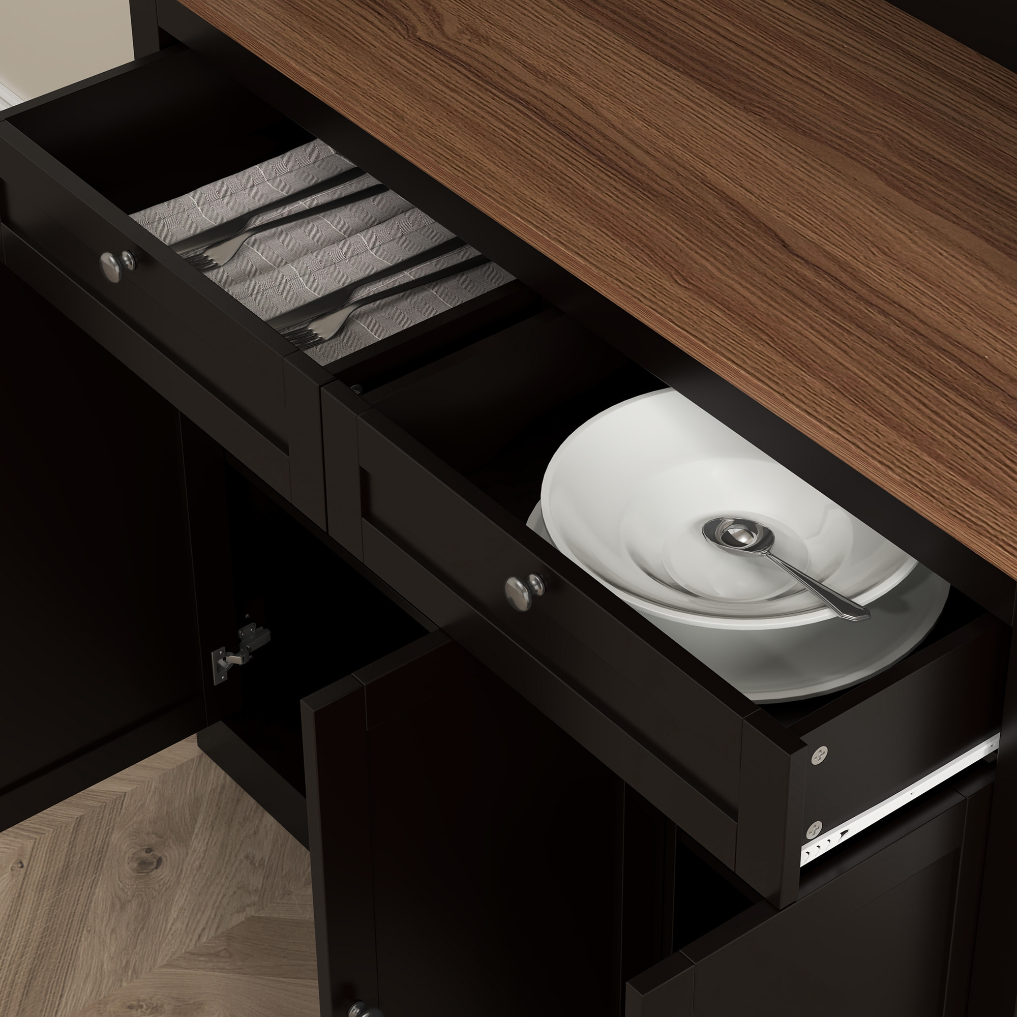 Alacena de Cocina, Mueble Auxiliar de Cocina, con 3 Puertas de Vidrio, Encimera Abierta para Microondas, 2 Cajones y Estantes Ajustables, 100x40x180 cm, Negro